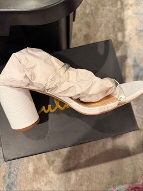 Lulu's White Textured Block Heel Sandal with Clear Straps